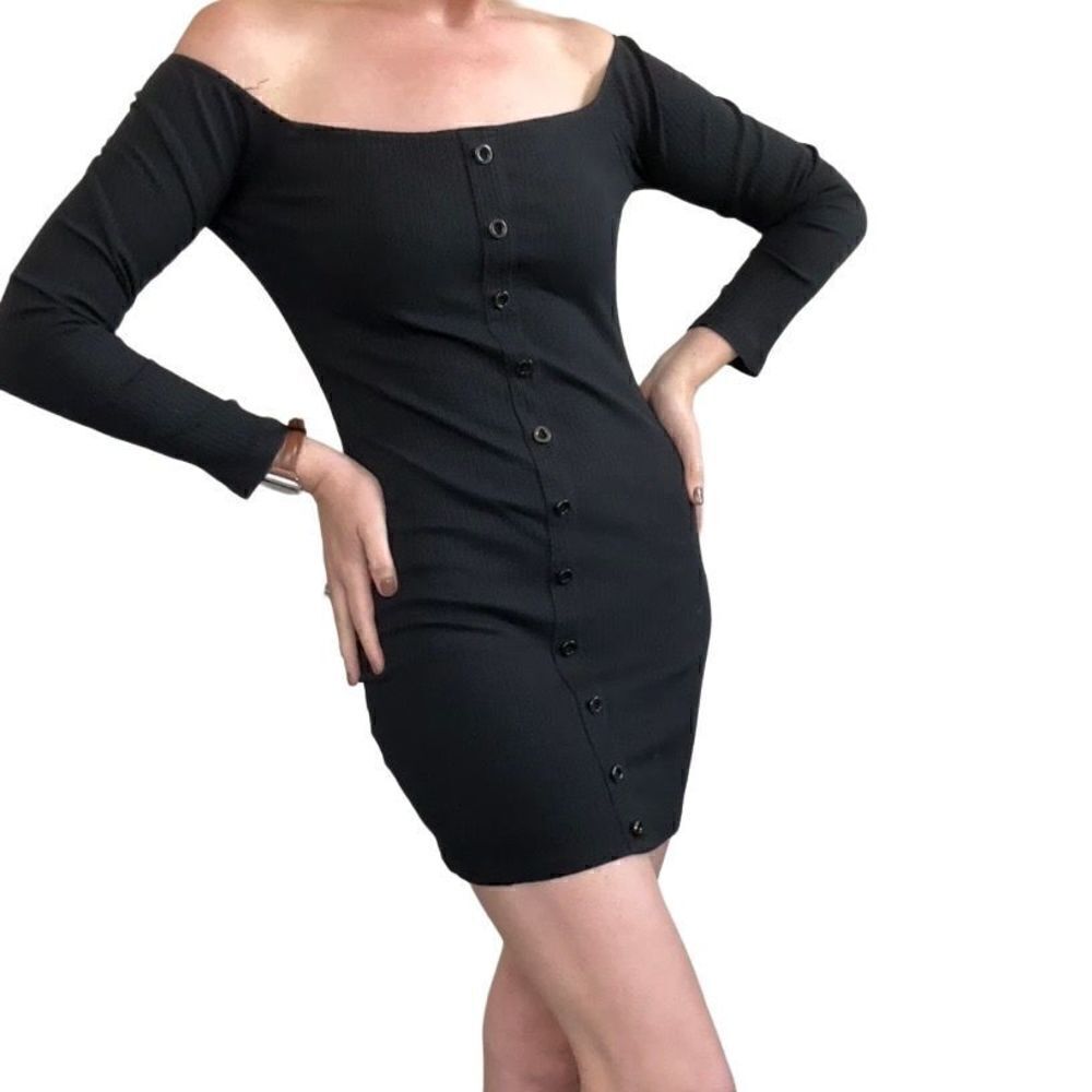 Lunik Women's Black Ribbed Bodycon Off Shoulder Button Down Long Sleeve Dress  L
